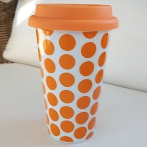 LENOX Travel Mug Orange And White Polka Dot Silicone Lid